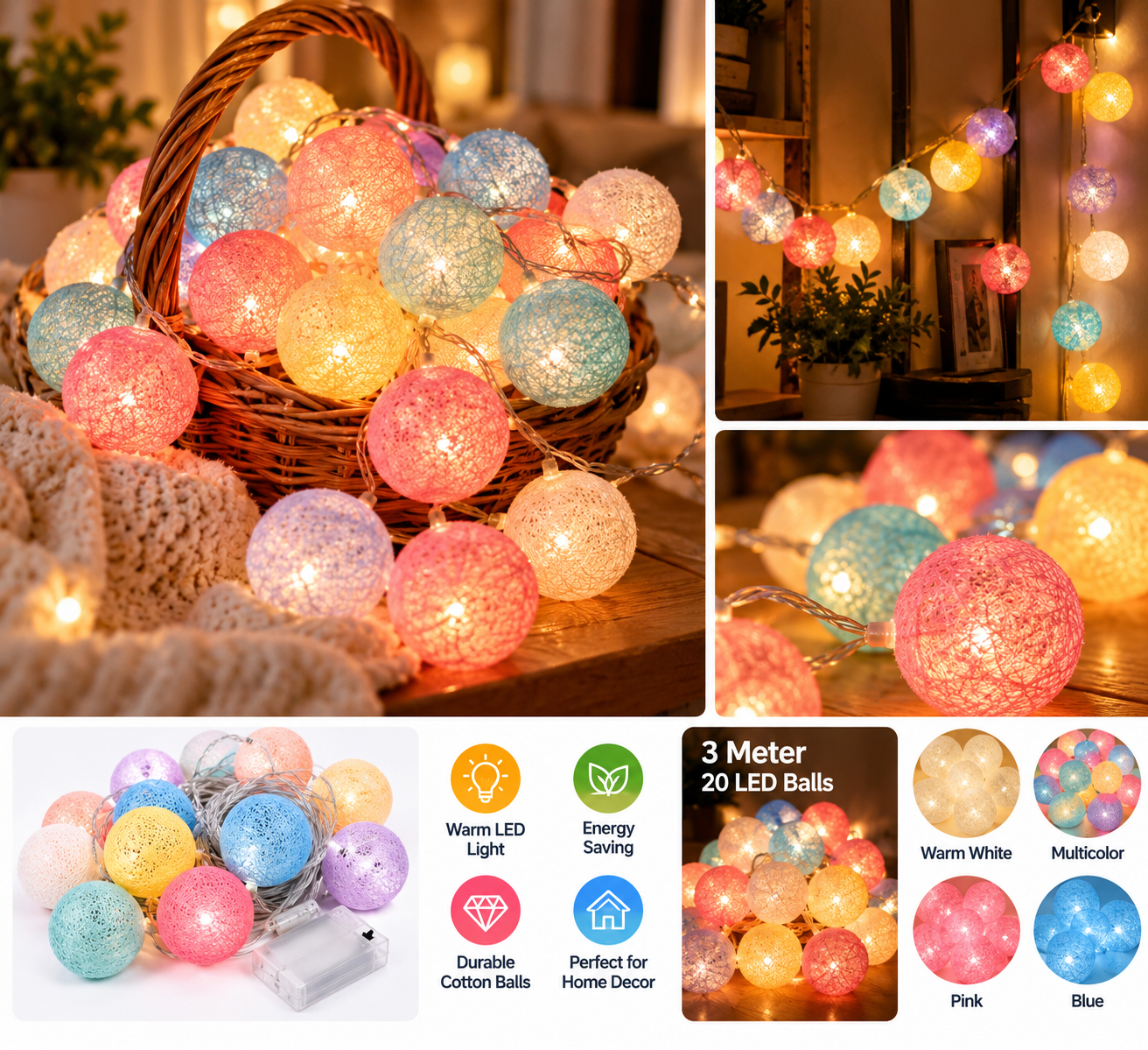 10Pcs Decorative Pastel Cotton Ball LED String Lights - MARKAZX MART