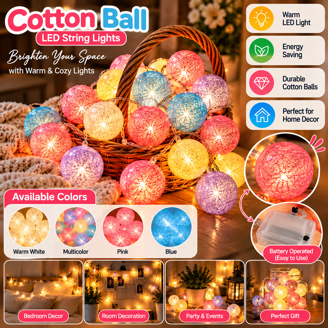 10Pcs Decorative Pastel Cotton Ball LED String Lights - MARKAZX MART