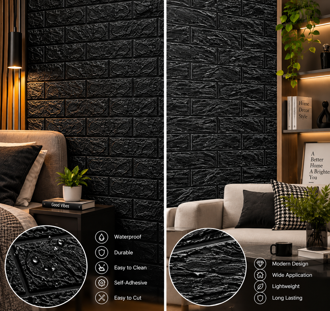 3D Black Foam Brick Wall Sticker – Self-Adhesive Wall Sheet - MARKAZX MART