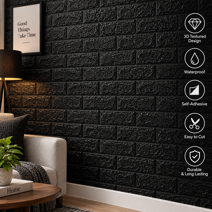 3D Black Foam Brick Wall Sticker – Self-Adhesive Wall Sheet - MARKAZX MART
