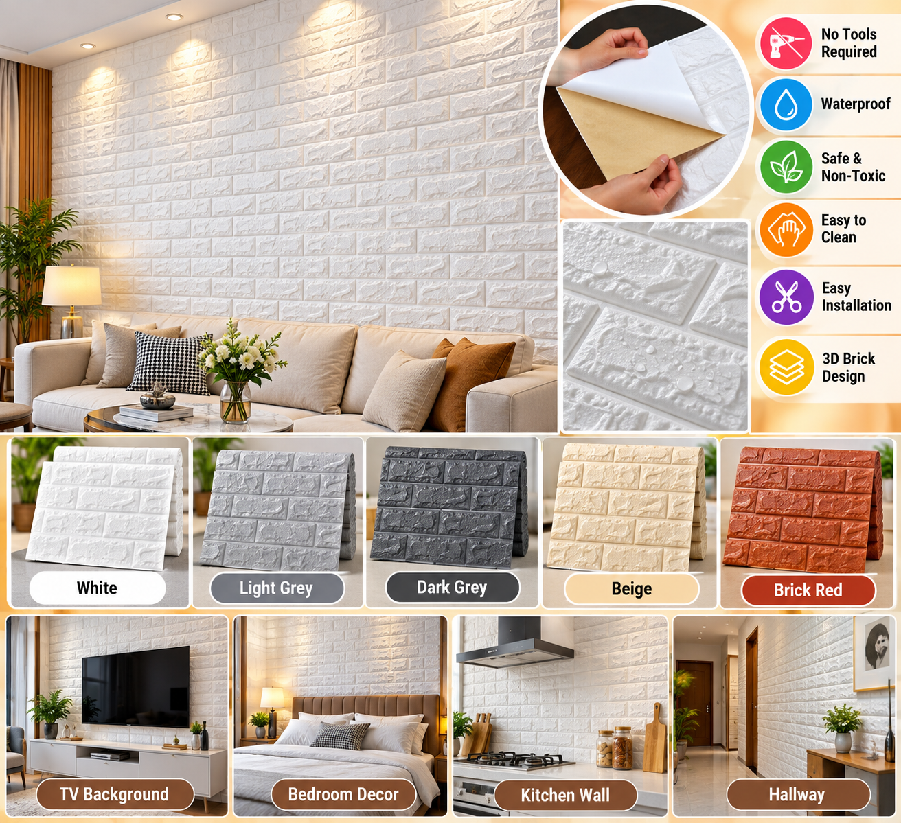 3Pcs Peel & Stick Brick Wall Panels – Self Adhesive Wall - MARKAZX MART