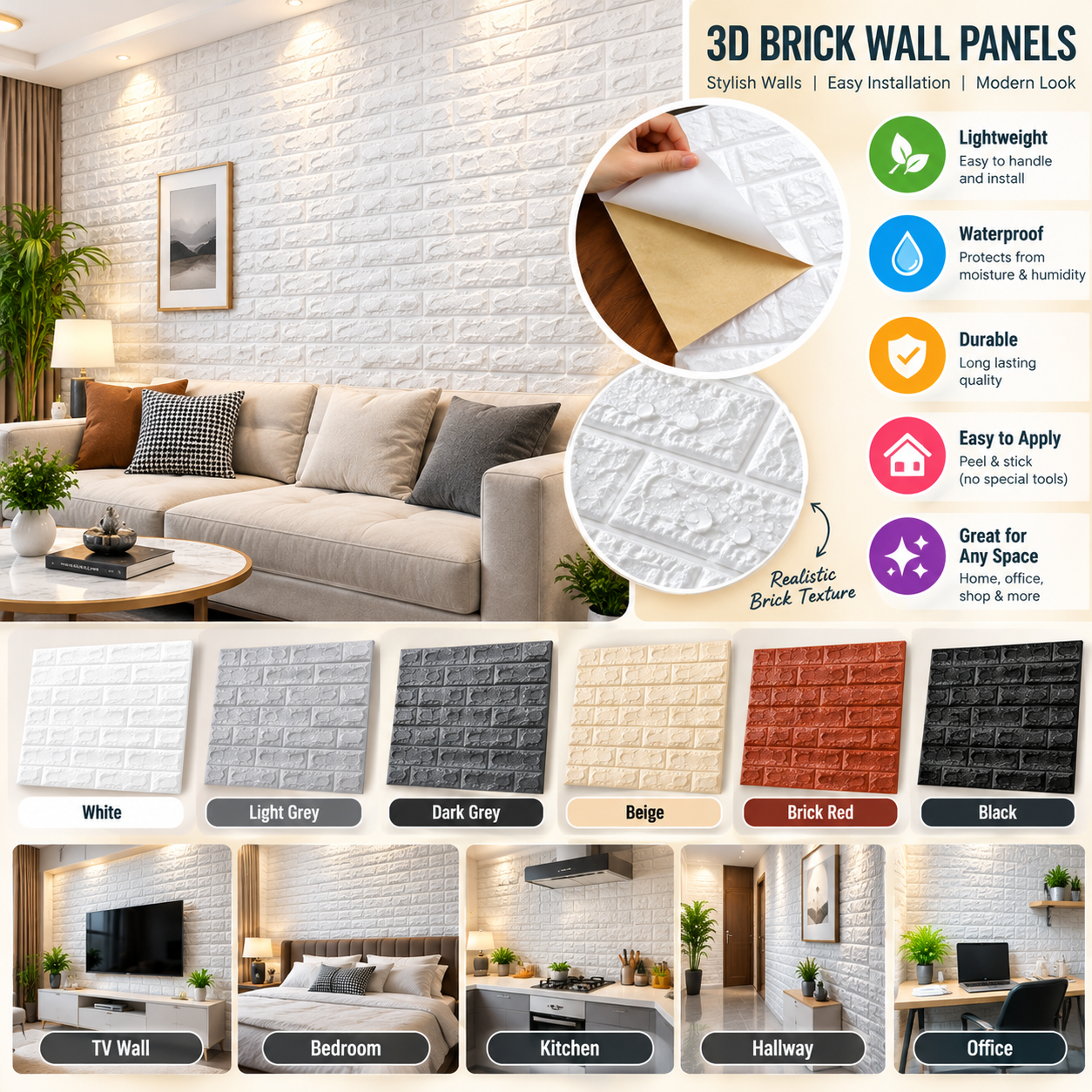 3Pcs Peel & Stick Brick Wall Panels – Self Adhesive Wall - MARKAZX MART