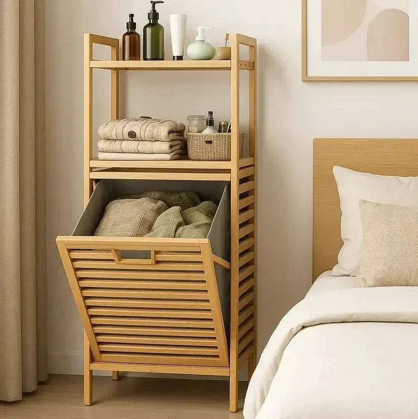 Laundry Basket with Wooden Storage Shelf