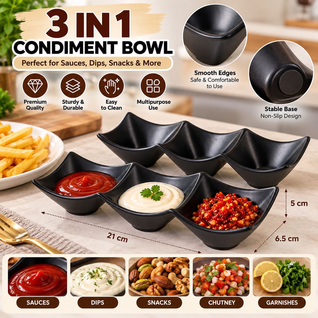 3 Grid Dip Sauce Tray – 3 Compartment Serving Dish - MARKAZX MART