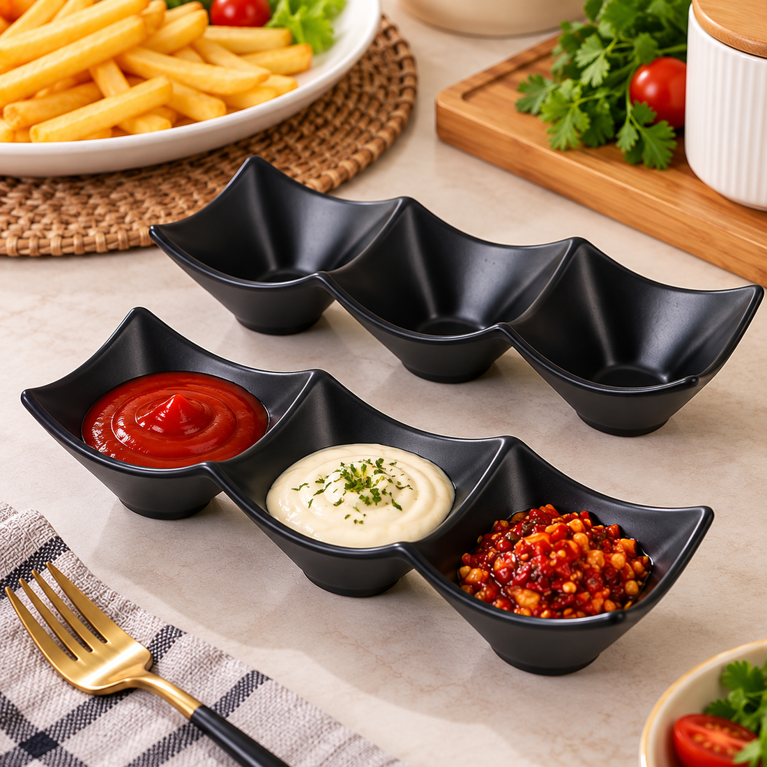 3 Grid Dip Sauce Tray – 3 Compartment Serving Dish - MARKAZX MART