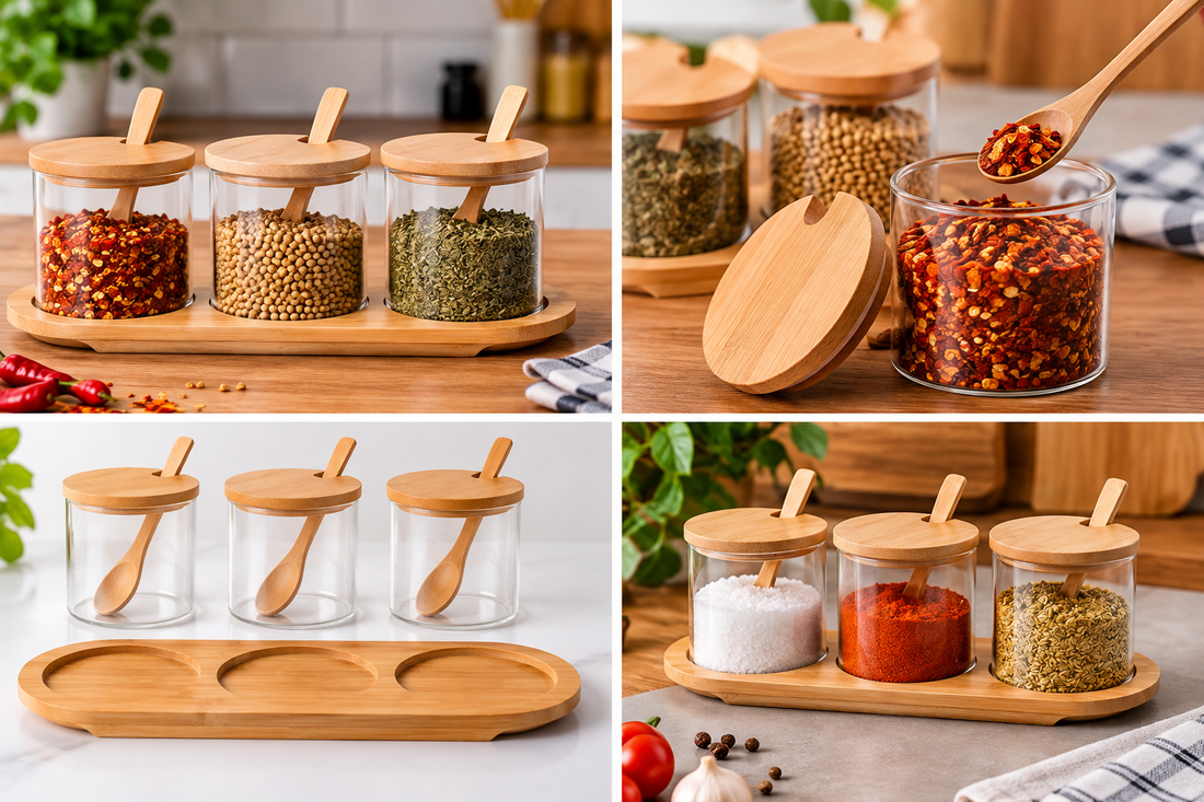 3-Piece Glass Spice Jar Set with Bamboo Lids, Spoons & Wooden Tray