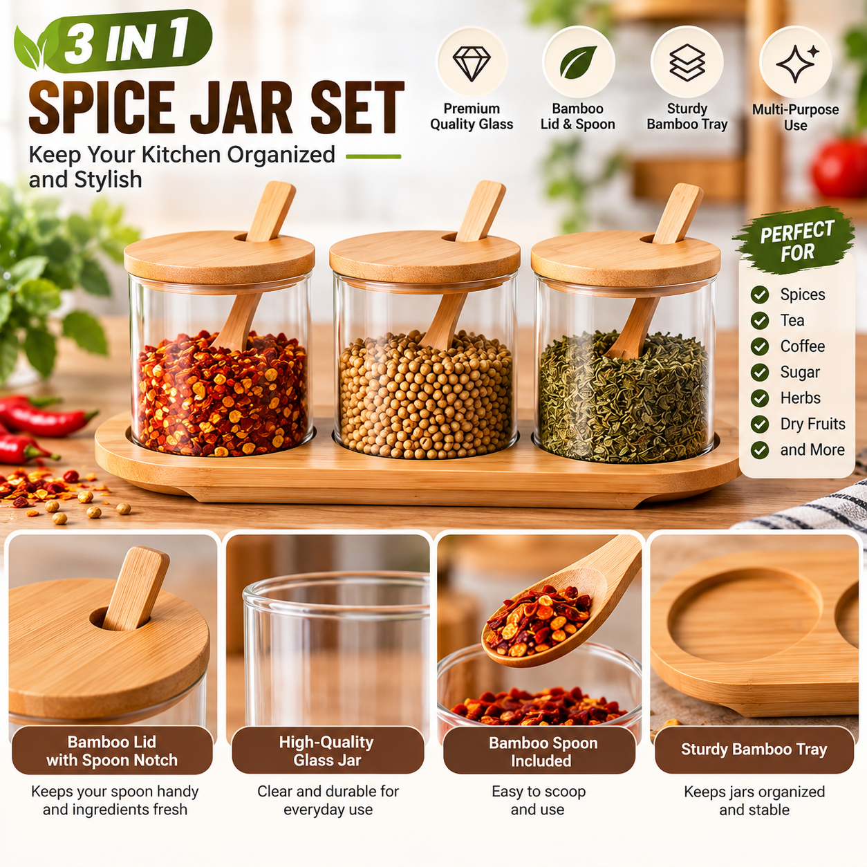 3-Piece Glass Spice Jar Set with Bamboo Lids, Spoons & Wooden Tray