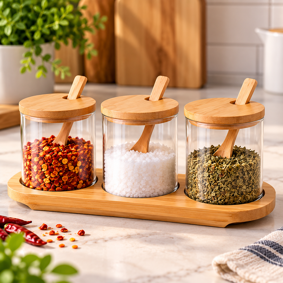 3-Piece Glass Spice Jar Set with Bamboo Lids, Spoons & Wooden Tray
