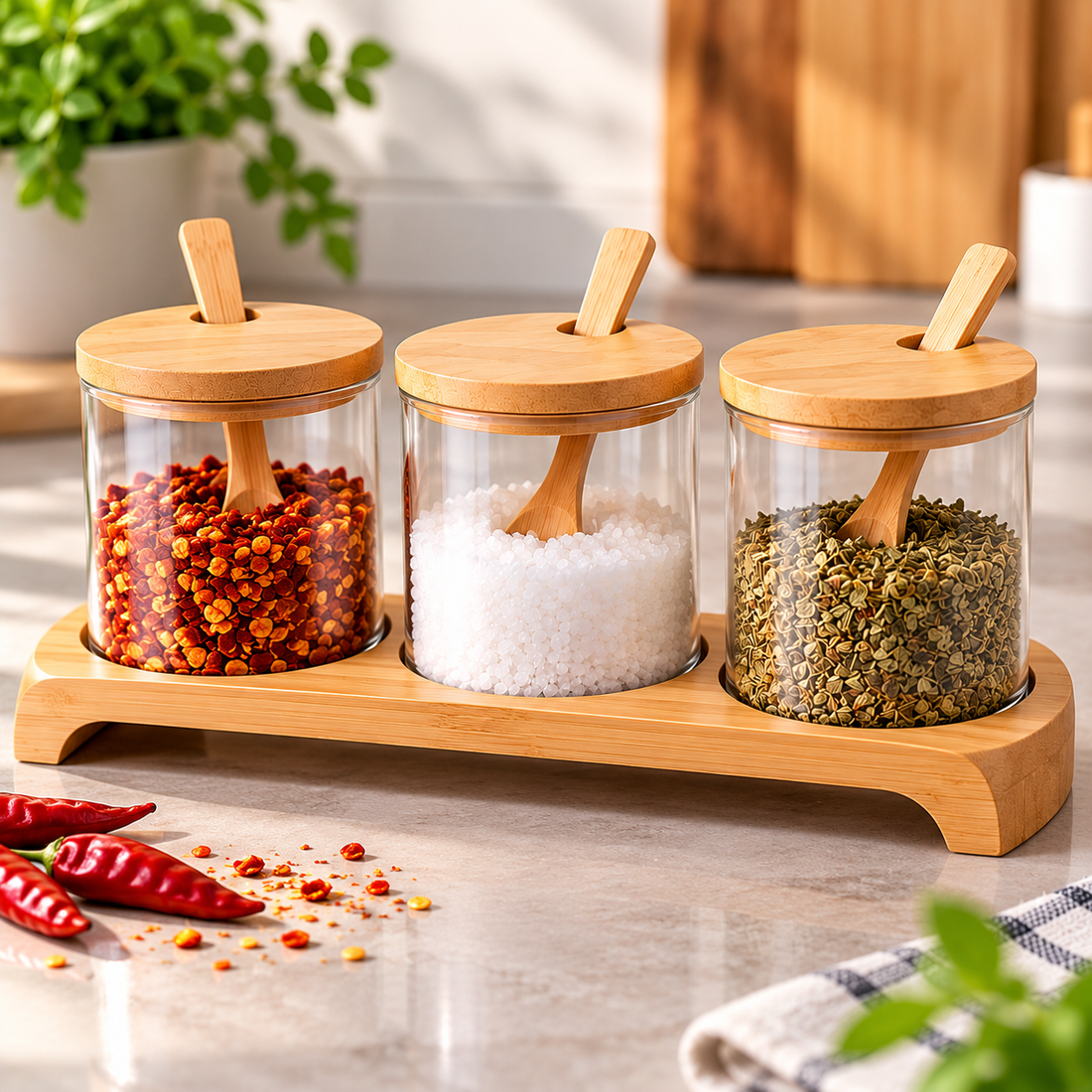 3-Piece Glass Spice Jar Set with Bamboo Lids, Spoons & Wooden Tray