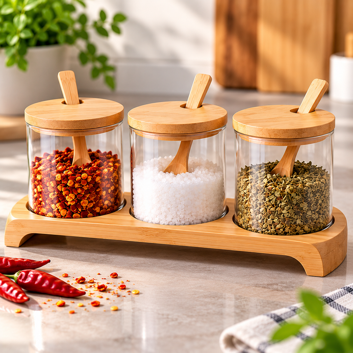 3-Piece Glass Spice Jar Set with Bamboo Lids, Spoons & Wooden Tray