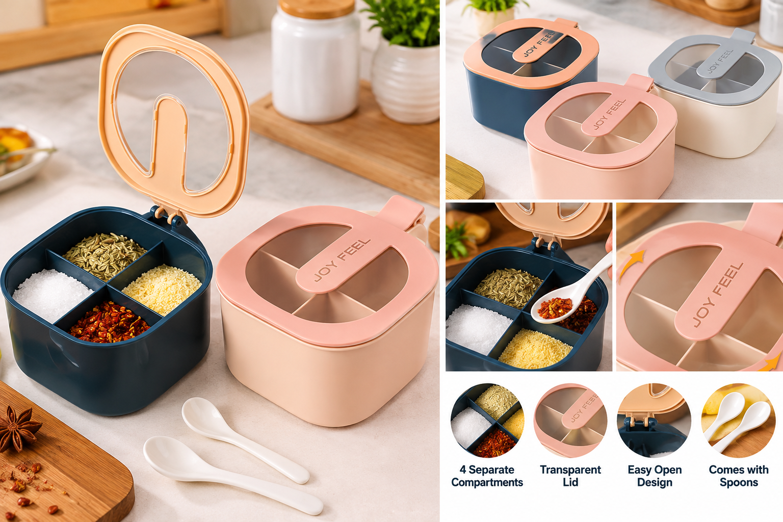 4 Compartment Spice Box – Kitchen Masala & Spice Organizer - MARKAZX MART