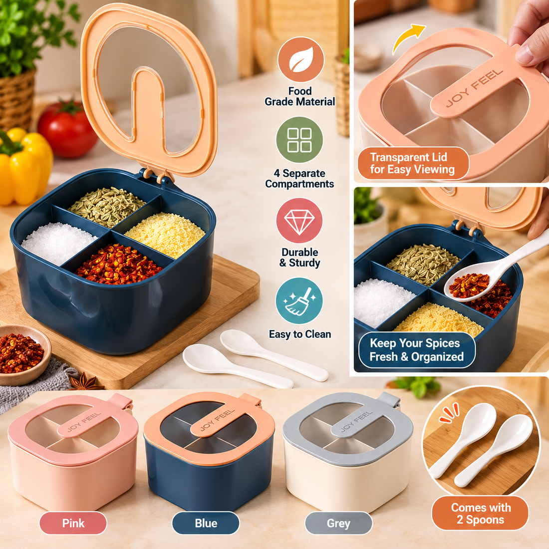 4 Compartment Spice Box – Kitchen Masala & Spice Organizer - MARKAZX MART