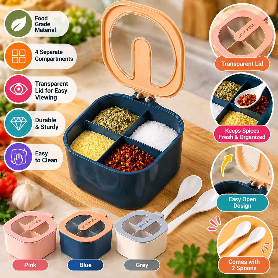 4 Compartment Spice Box – Kitchen Masala & Spice Organizer - MARKAZX MART