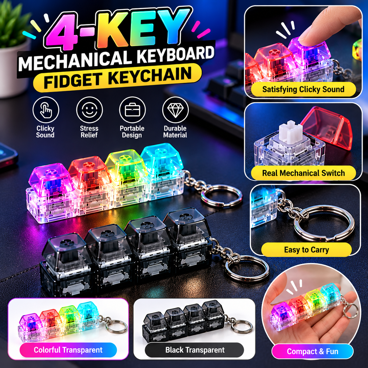 4-Key Mechanical Keyboard Fidget Keychain – Clicky Stress Relief Toy
