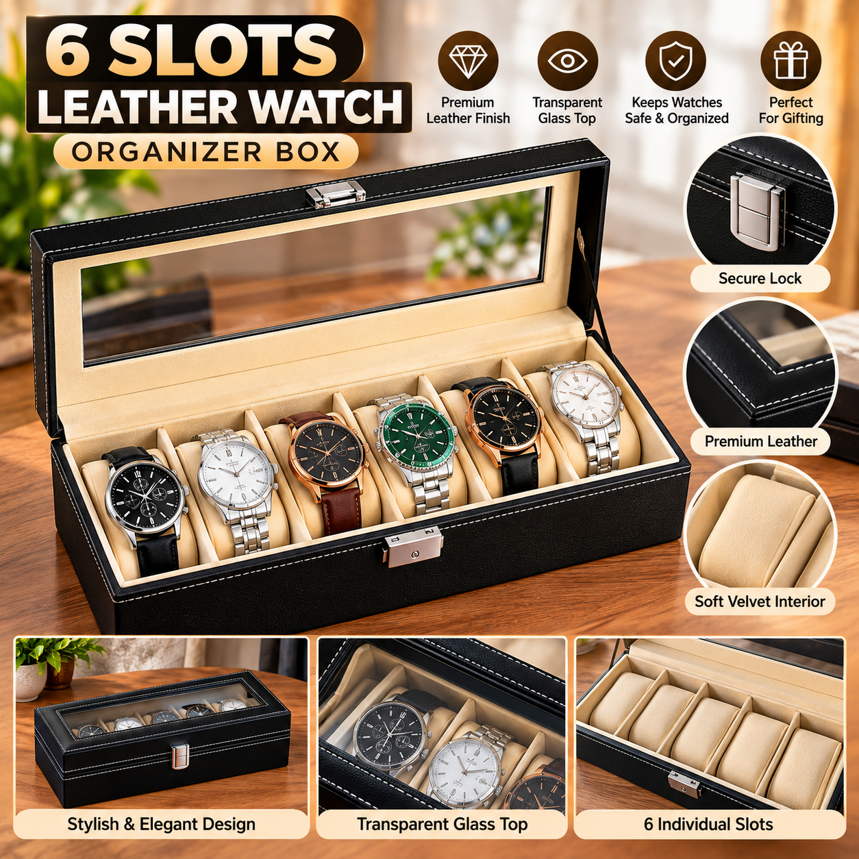 Premium 6 Slot PU Leather Watch Storage Case – Watch Organizer – product image 4