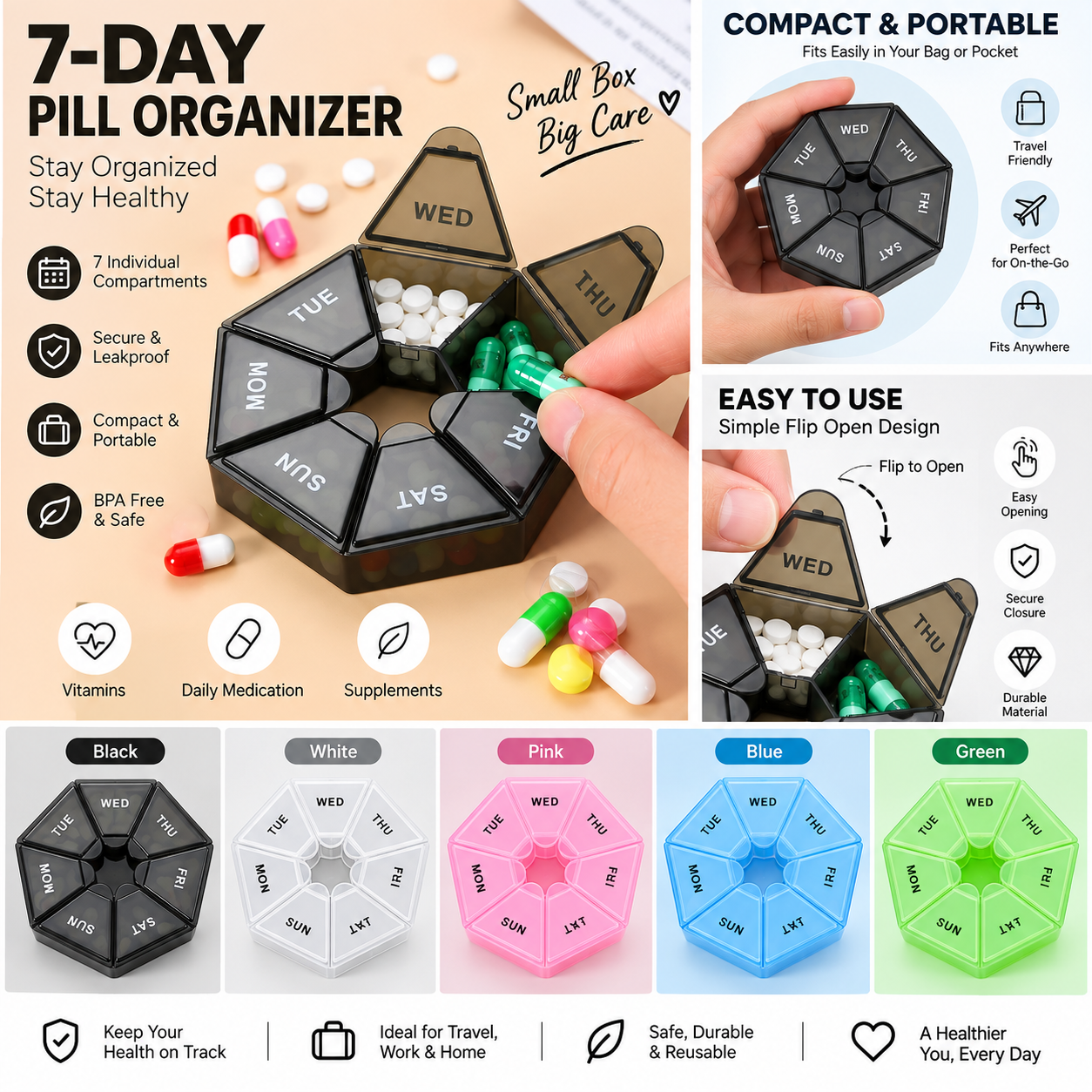 7-Day Weekly Pill Organizer | Portable Medicine & Supplement Box - MARKAZX MART