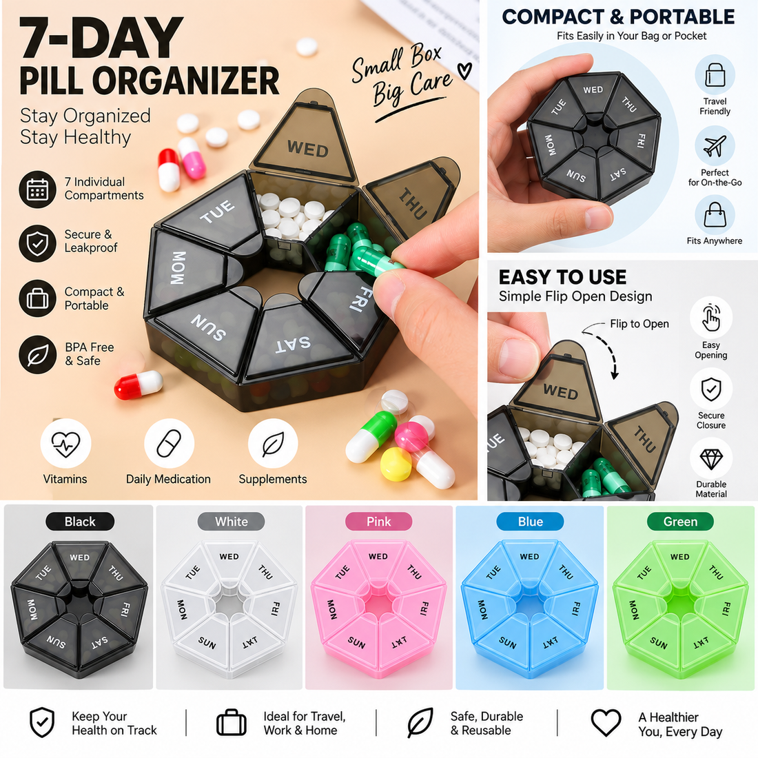 7-Day Weekly Pill Organizer | Portable Medicine & Supplement Box - MARKAZX MART