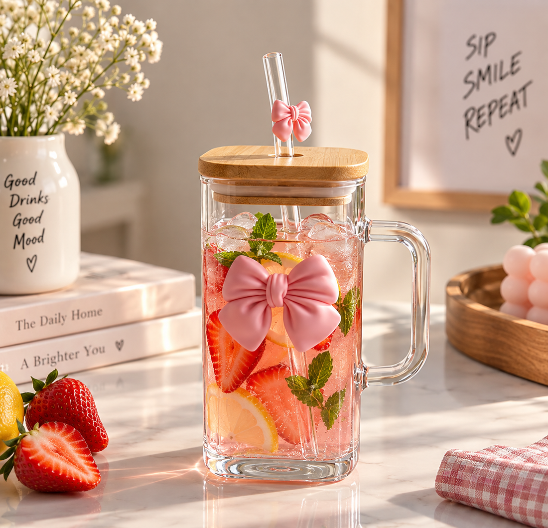 Aesthetic Bow Glass Mug – Square Cup With Wooden Lid - MARKAZX MART