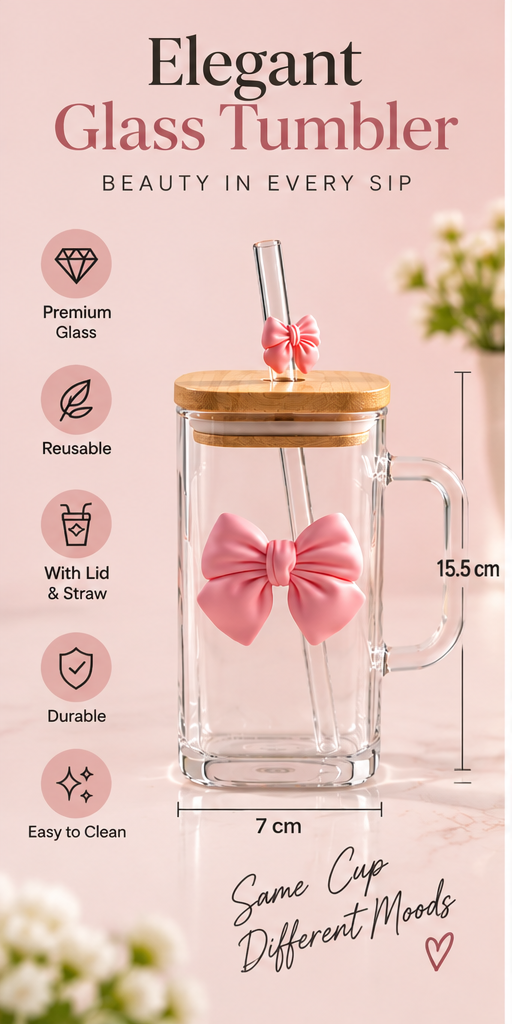 Aesthetic Bow Glass Mug – Square Cup With Wooden Lid - MARKAZX MART