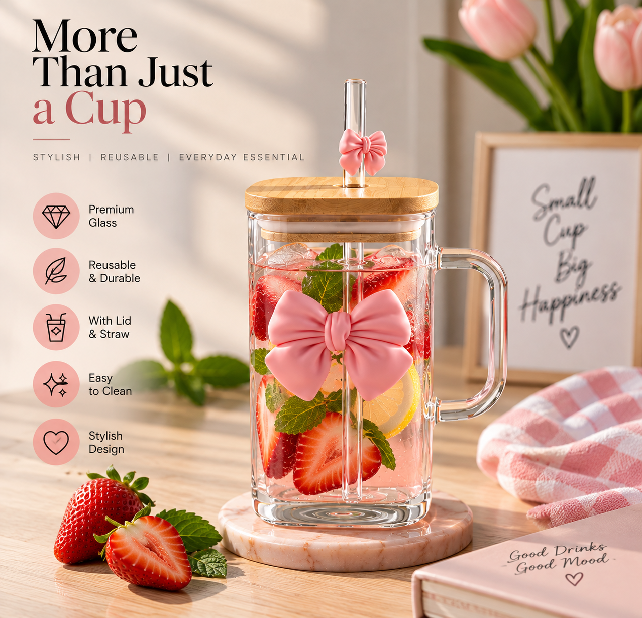 Aesthetic Bow Glass Mug – Square Cup With Wooden Lid - MARKAZX MART