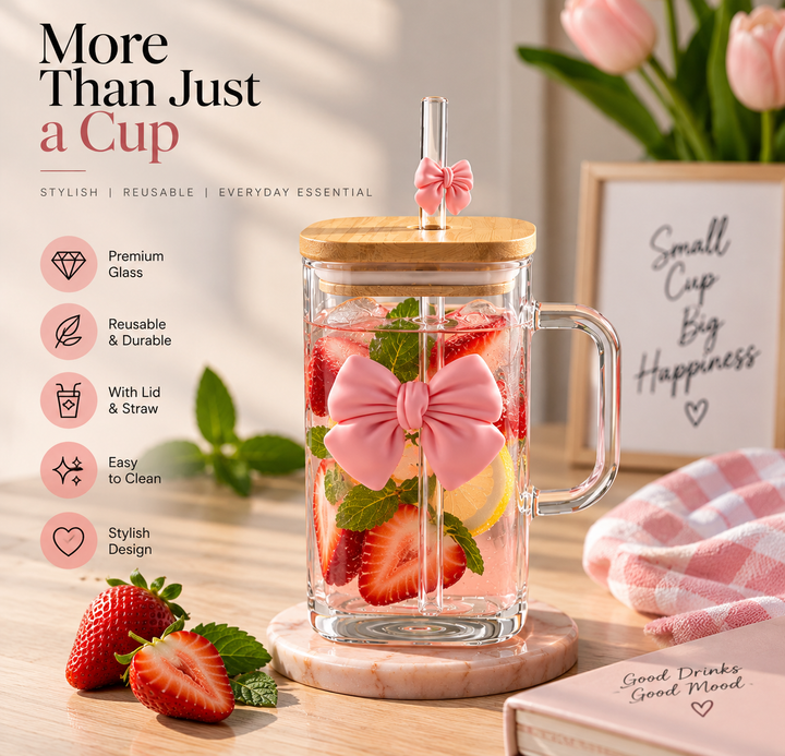 Aesthetic Bow Glass Mug – Square Cup With Wooden Lid - MARKAZX MART