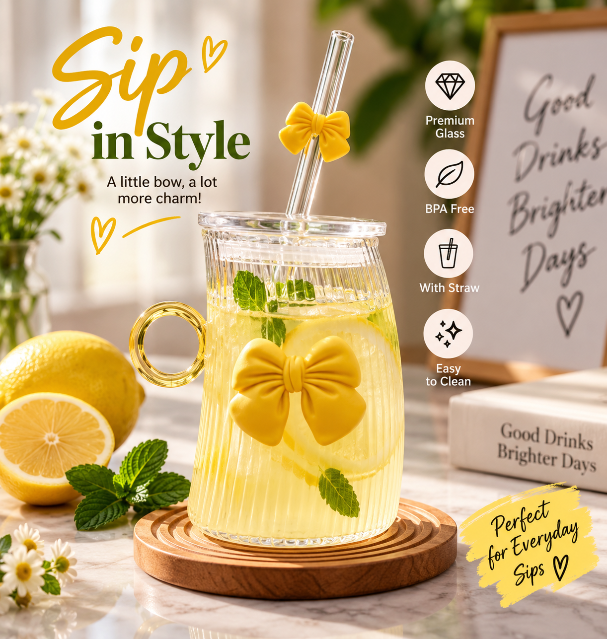 Cute Bow Curved Glass Mug With Reusable Straw - MARKAZX MART
