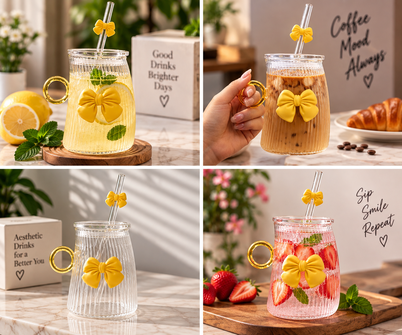 Cute Bow Curved Glass Mug With Reusable Straw - MARKAZX MART