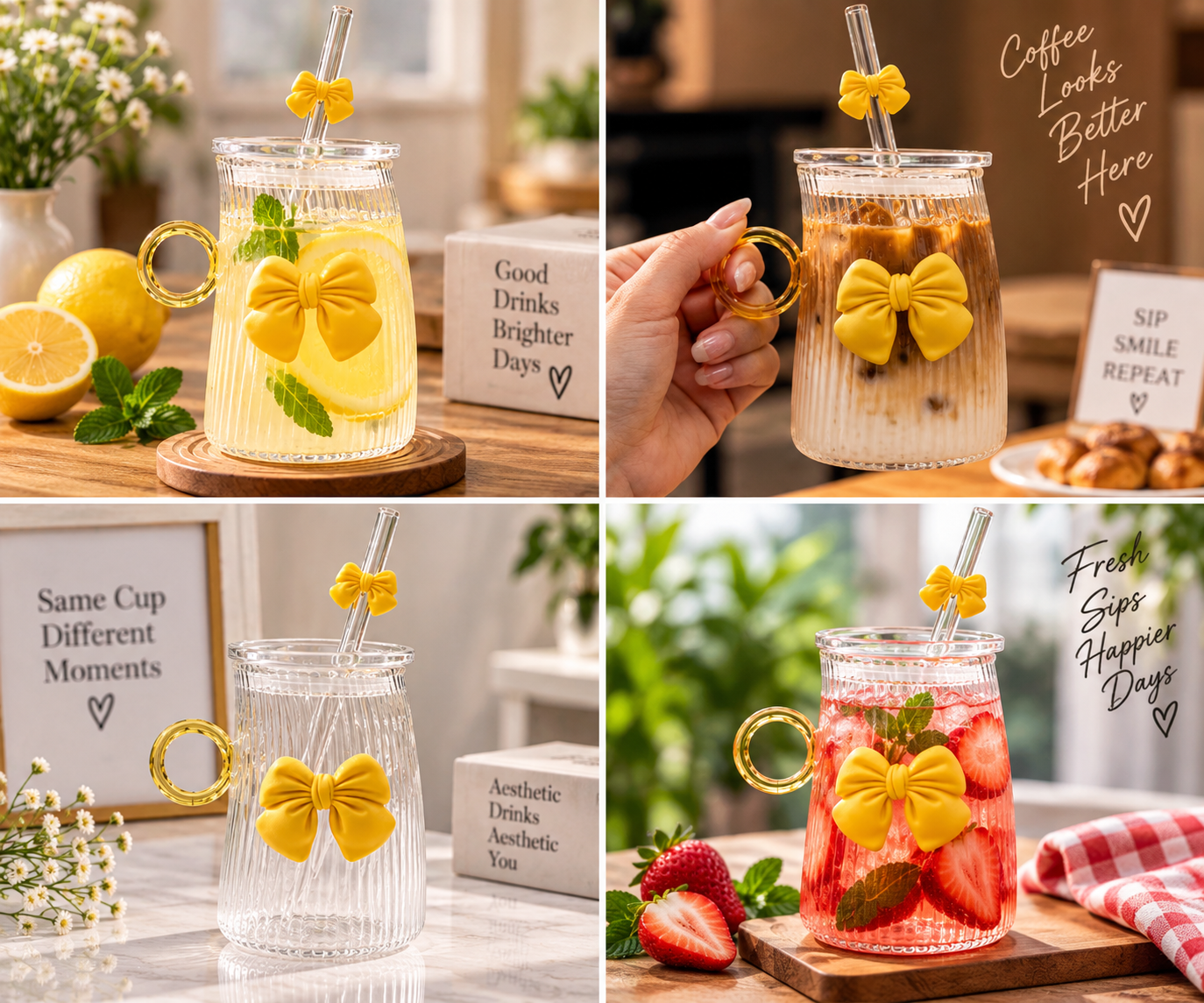 Cute Bow Curved Glass Mug With Reusable Straw - MARKAZX MART