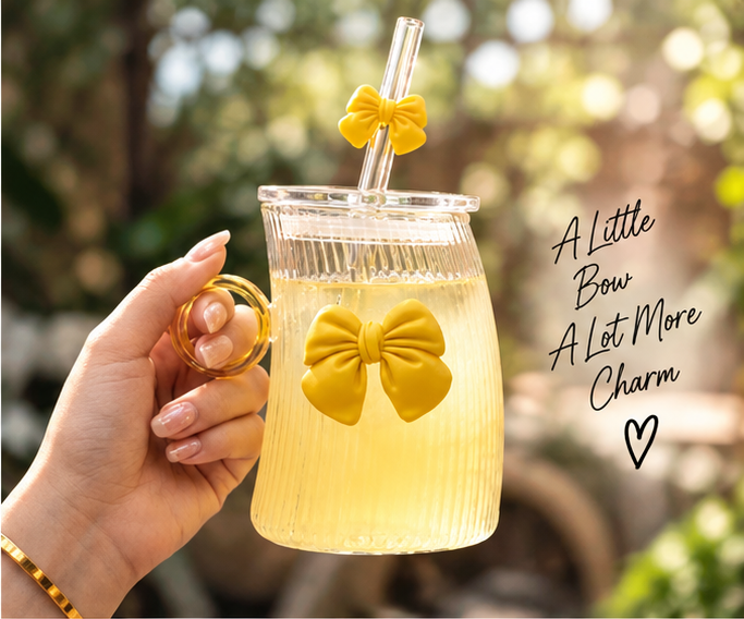 Cute Bow Curved Glass Mug With Reusable Straw - MARKAZX MART