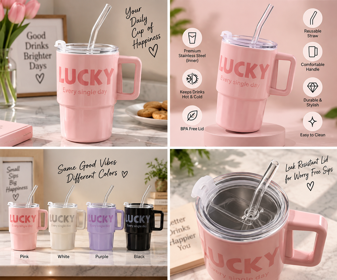 Lucky Print Coffee Cup With Straw & Lid – 380ML - MARKAZX MART