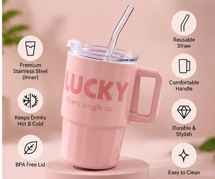 Lucky Print Coffee Cup With Straw & Lid – 380ML - MARKAZX MART