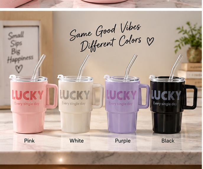 Lucky Print Coffee Cup With Straw & Lid – 380ML - MARKAZX MART