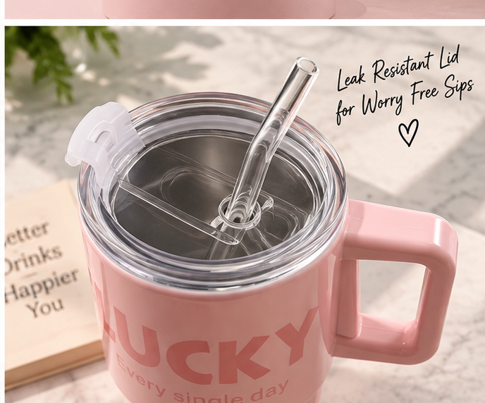 Lucky Print Coffee Cup With Straw & Lid – 380ML - MARKAZX MART