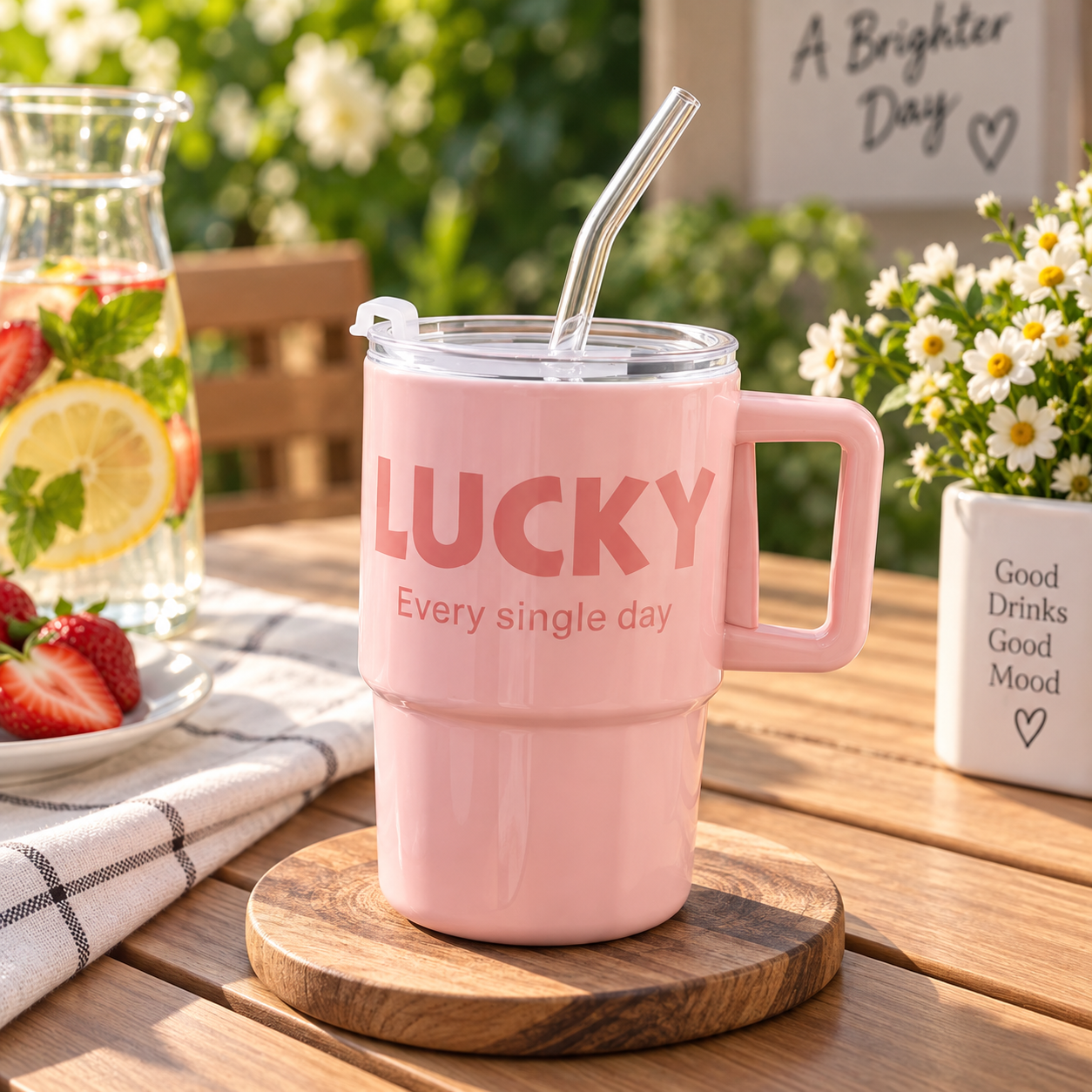 Lucky Print Coffee Cup With Straw & Lid – 380ML - MARKAZX MART