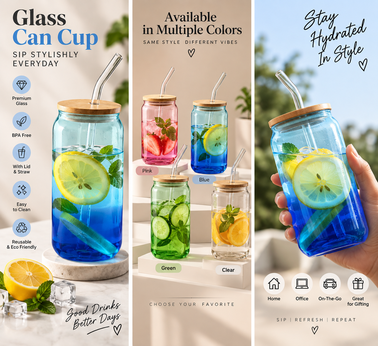 Premium Glass Tumbler With Bamboo Lid & Glass Straw - MARKAZX MART