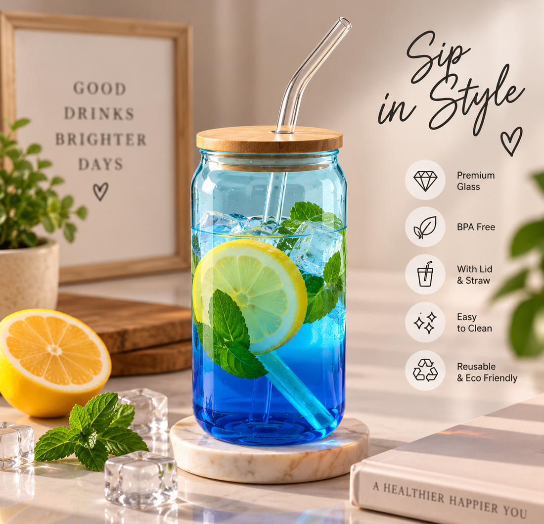 Premium Glass Tumbler With Bamboo Lid & Glass Straw - MARKAZX MART