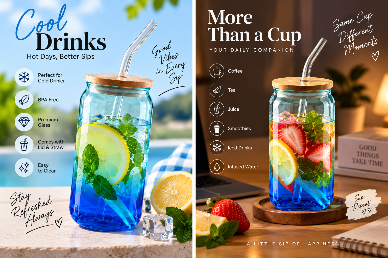 Premium Glass Tumbler With Bamboo Lid & Glass Straw - MARKAZX MART