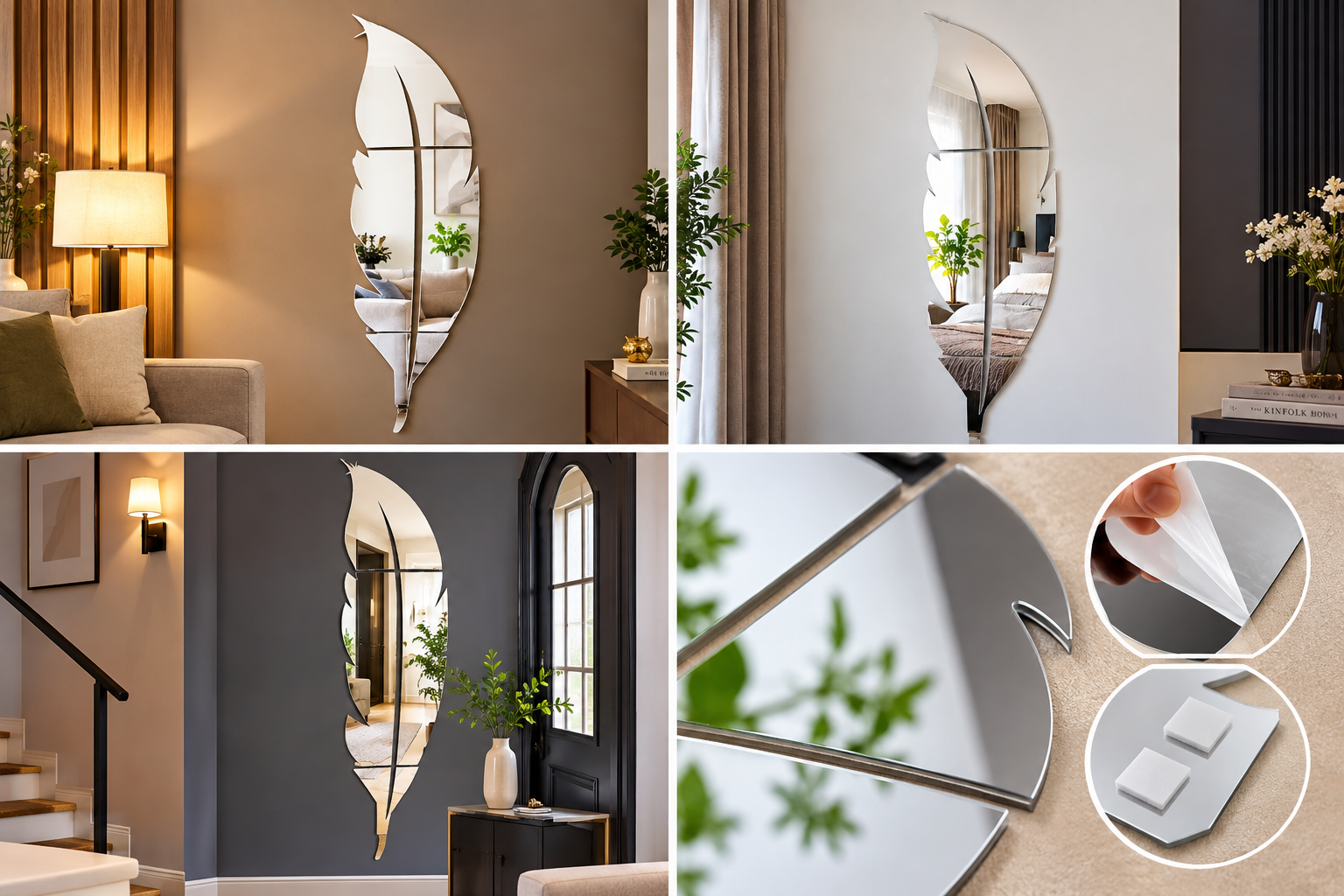 Reflective Feather Wall Mirror – 37 x 7 Inch Decorative Wall Accent