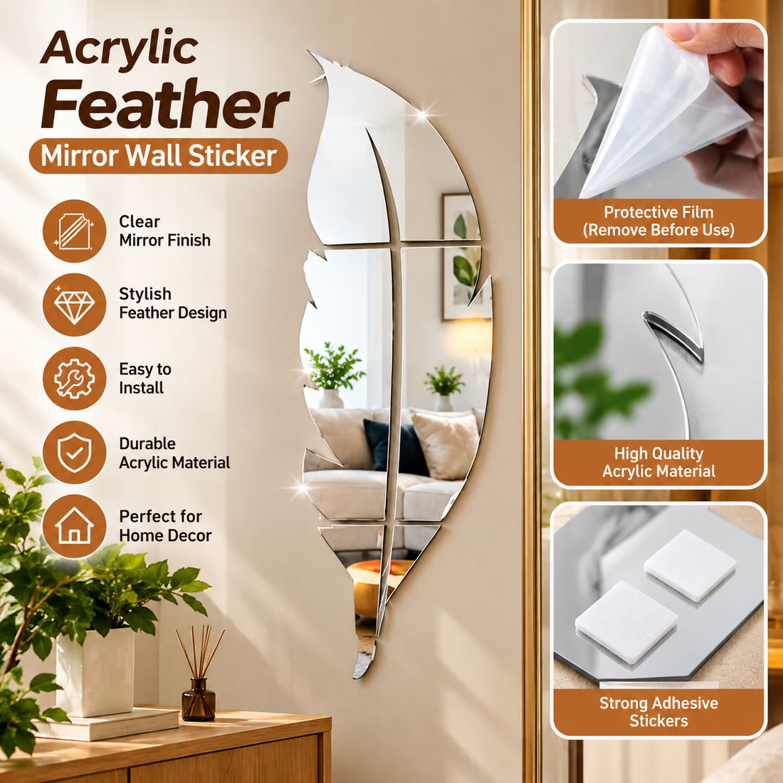 Reflective Feather Wall Mirror – 37 x 7 Inch Decorative Wall Accent