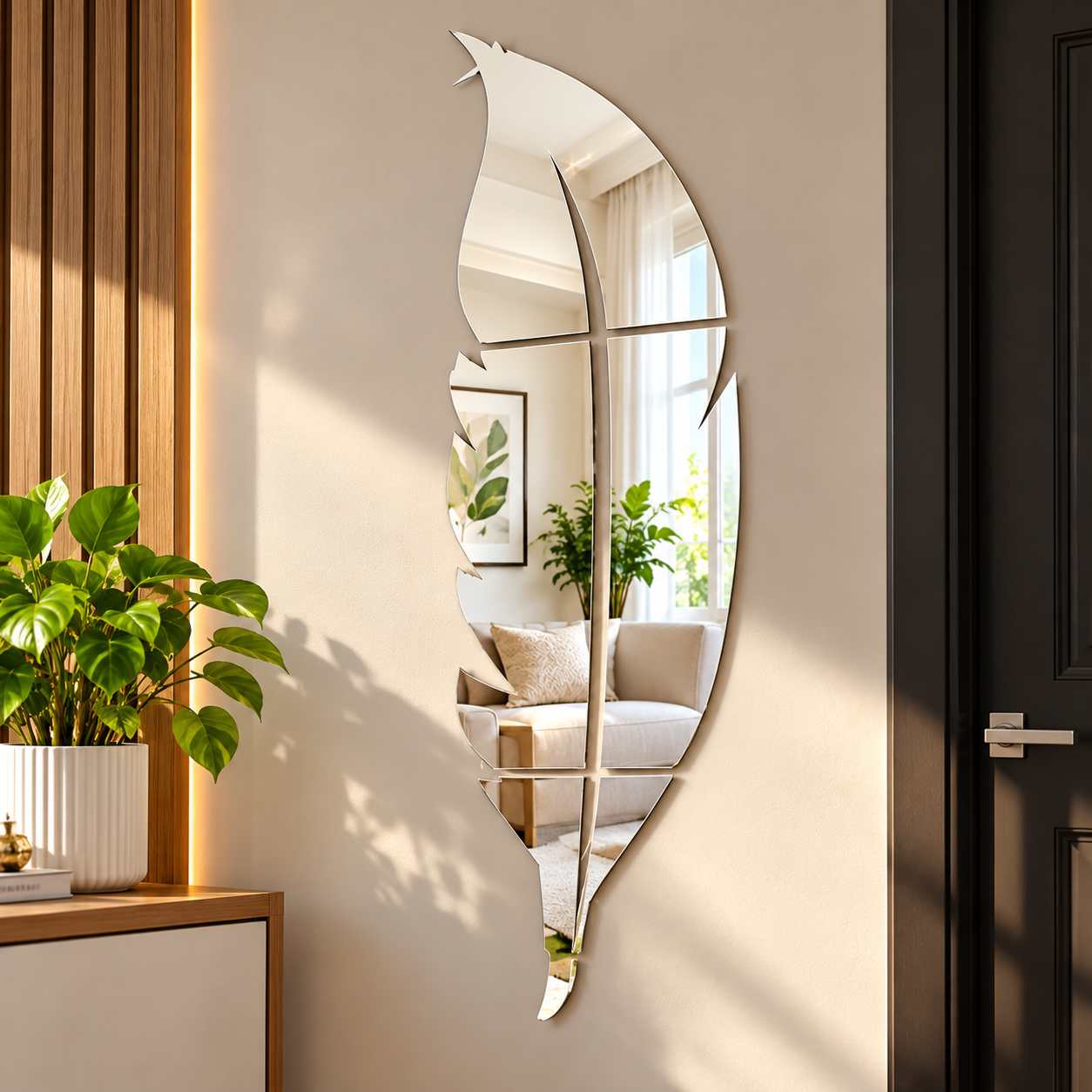 Reflective Feather Wall Mirror – 37 x 7 Inch Decorative Wall Accent