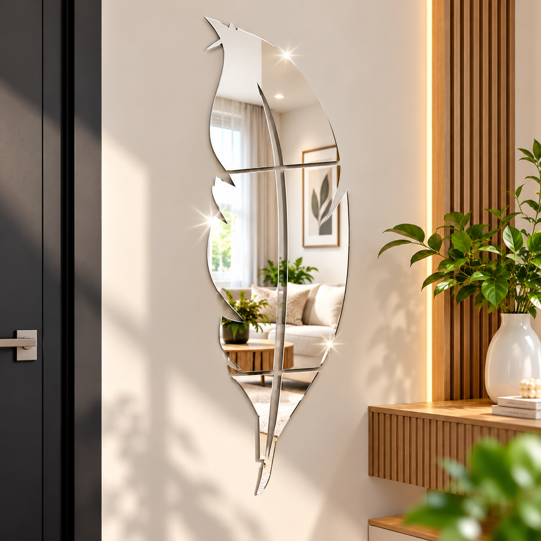 Reflective Feather Wall Mirror – 37 x 7 Inch Decorative Wall Accent