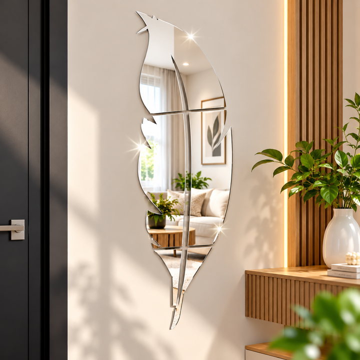 Reflective Feather Wall Mirror – 37 x 7 Inch Decorative Wall Accent