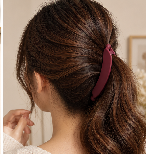 Banana hair clip styled in a ponytail, lifestyle view