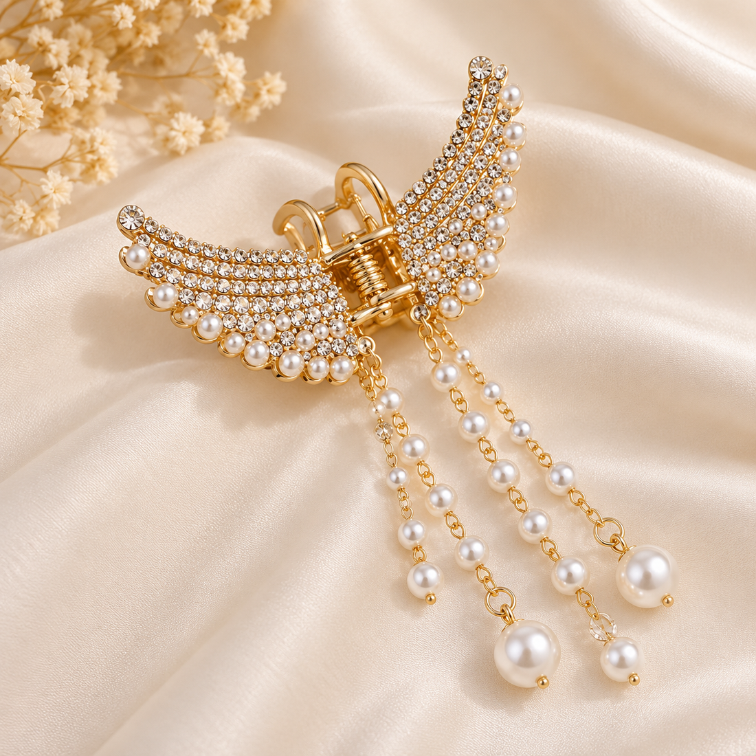 Close-up of gold butterfly pearl chain hair catcher on ivory satin