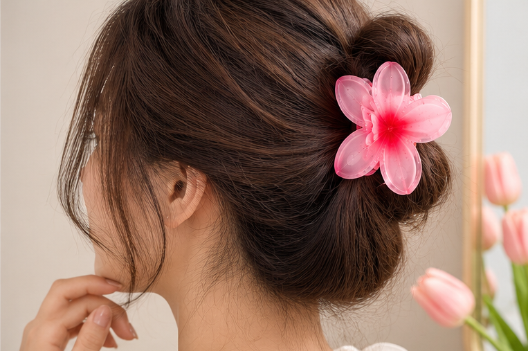 Pink flower hair claw catcher styled in a bun