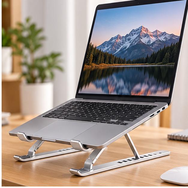 Laptop on adjustable aluminum stand