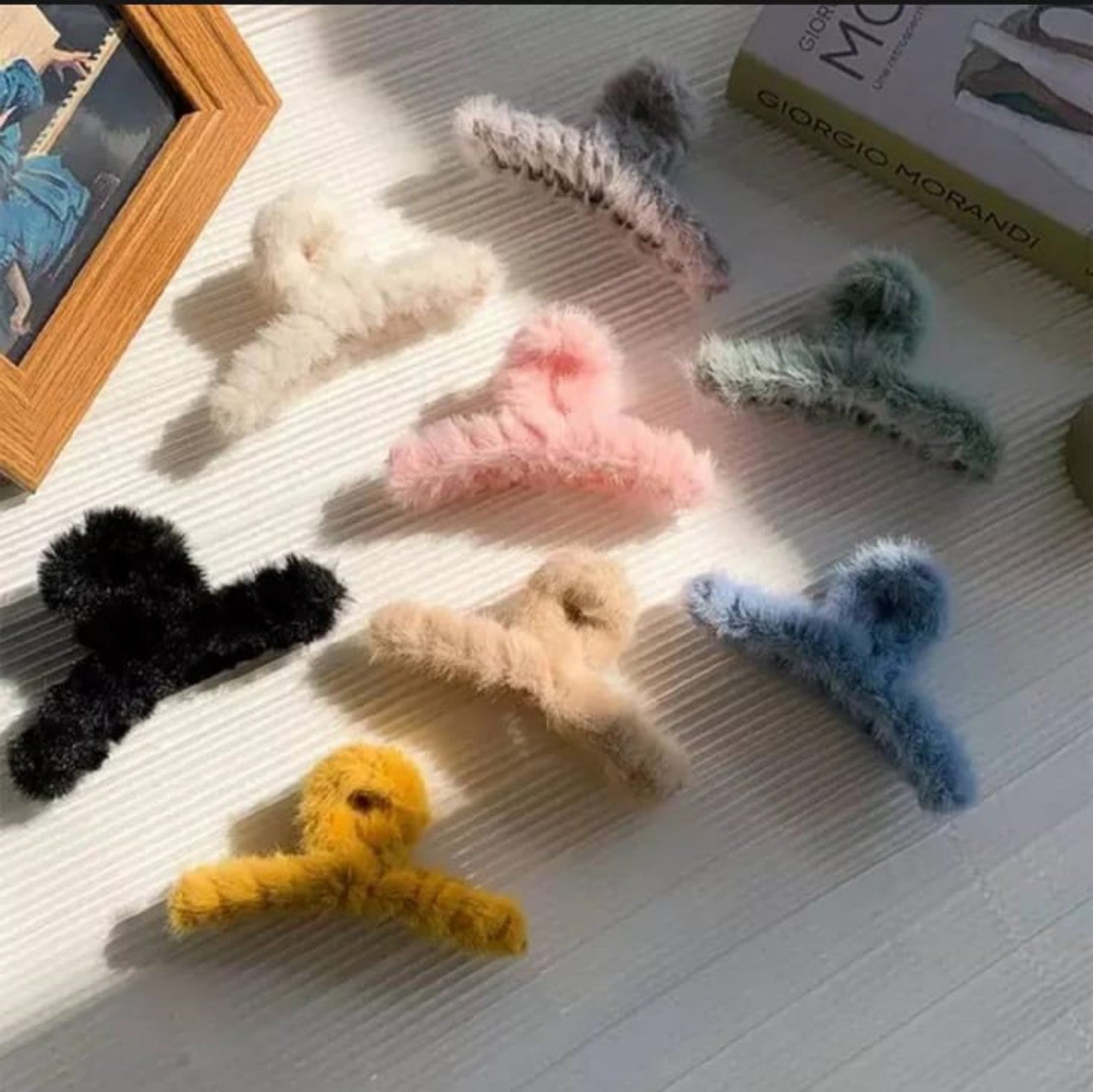 Fuzzy Y-shaped hair claw clips in assorted pastel colors