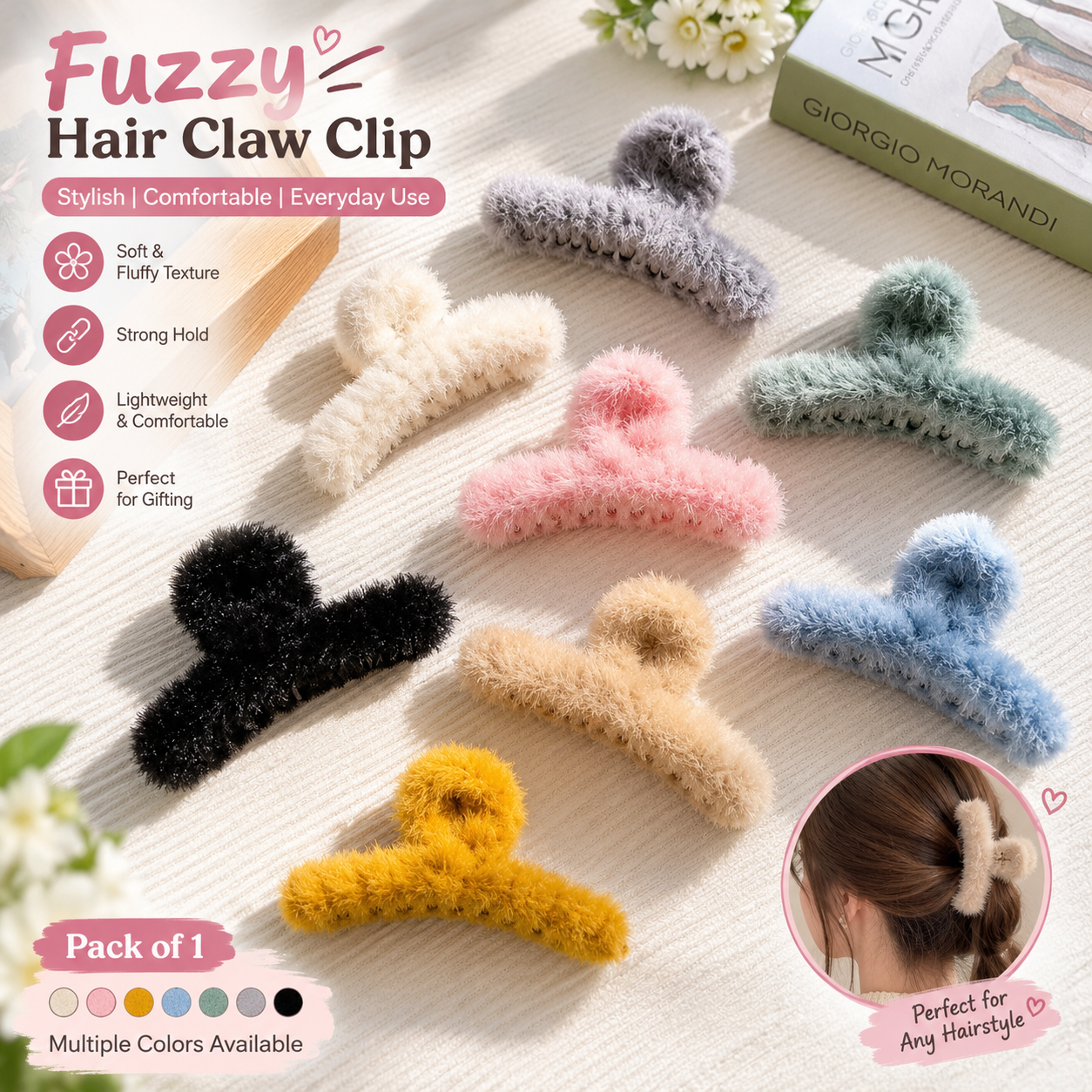 Fuzzy hair claw clips in assorted colors with styling details