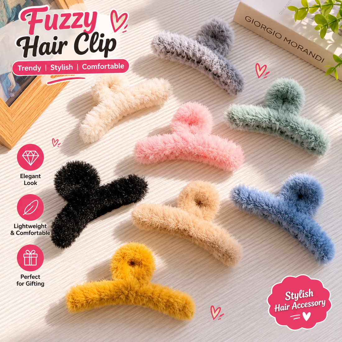 Fuzzy hair claw clips arranged on a textured background