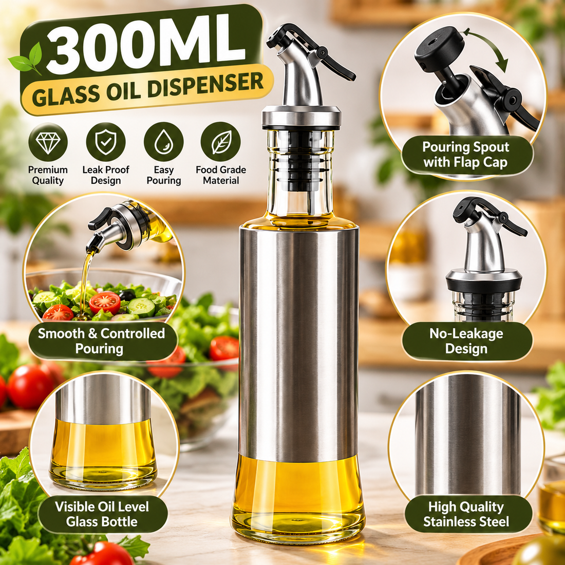 300ML Glass Oil Dispenser Bottle with Easy Pour Spout